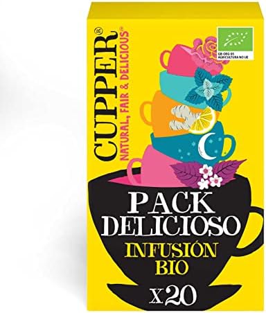 CUPPER - Pack Sabores Deliciosos Variados - Estuche con 20 Bolsitas de Infusiones Ecológicas - Apto para Veganos - Incluye 5 Variedades Diferentes - Ideal para Preparar con Agua Caliente